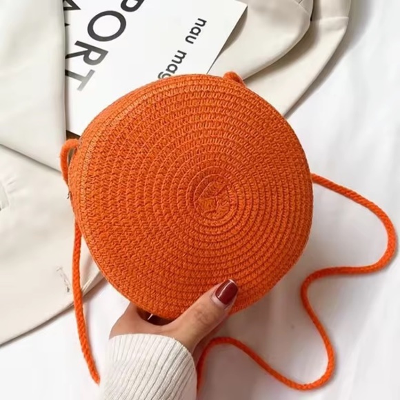 Round Orange Straw Raffia Woven Circle Bag Purse Handbag Summer Crossbody Bright - Picture 6 of 8